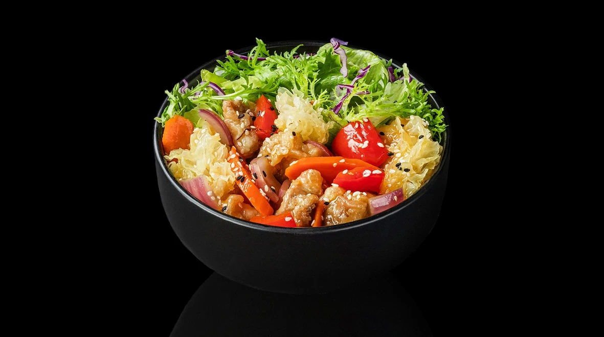 Страва Боул з куркою в кисло-солодкому соусі меню EatSushi в Борисполі Боул з куркою в кисло-солодкому соусі меню EatSushi в Борисполі