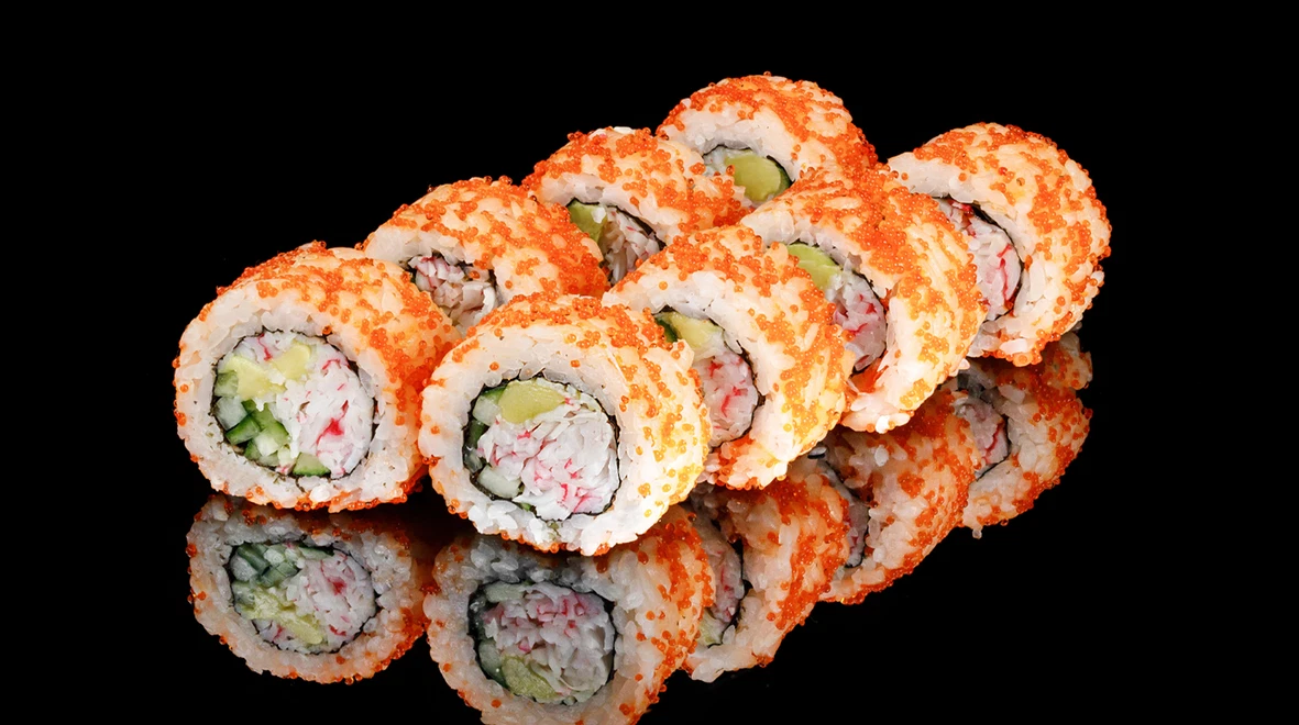 Страва Каліфорнія з крабовим міксом в ікрі меню EatSushi в Кропивницькому Каліфорнія з крабовим міксом в ікрі меню EatSushi в Кропивницькому