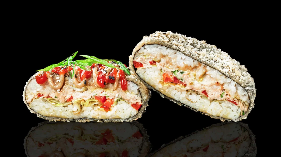 Страва Суші бургер Делюкс (гострий) меню EatSushi в Полтаві Суші бургер Делюкс (гострий) меню EatSushi в Полтаві